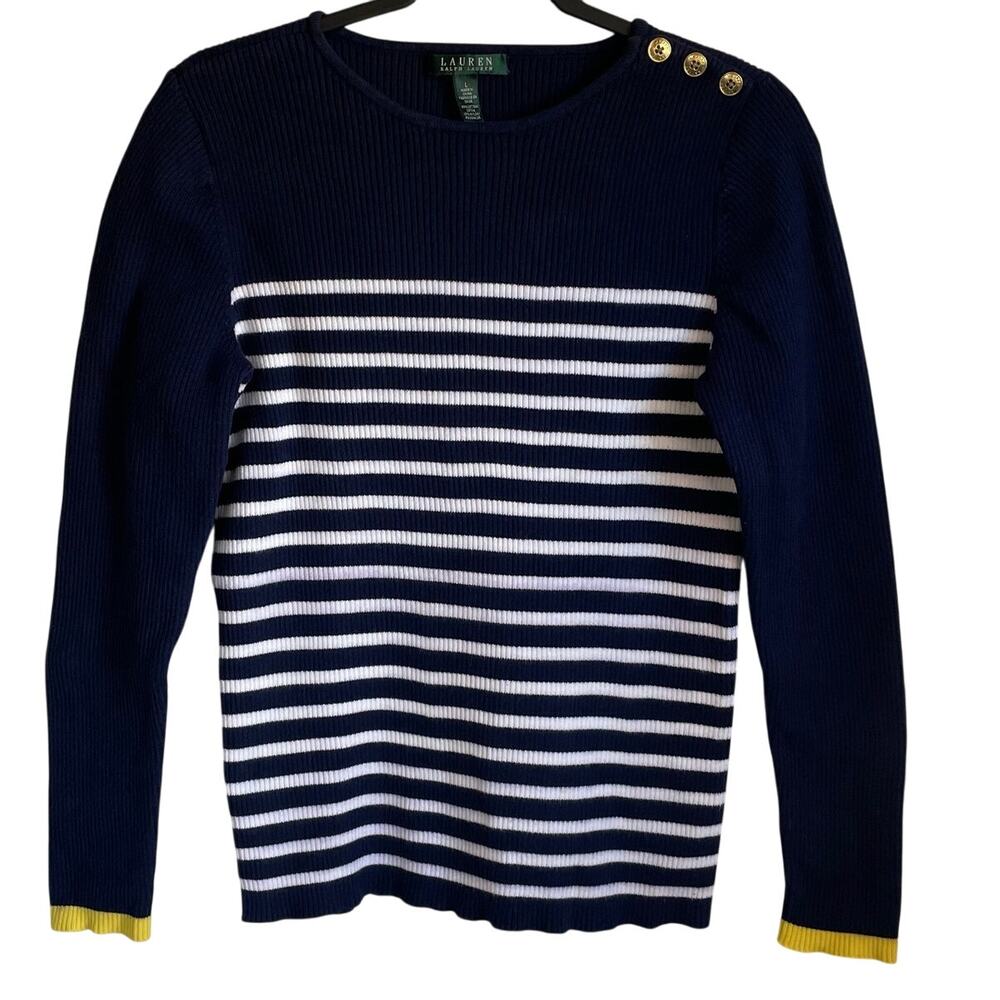 Lauren Ralph Lauren Striped Ribbed Knit Sweater Sz L Navy White Buttons Preppy